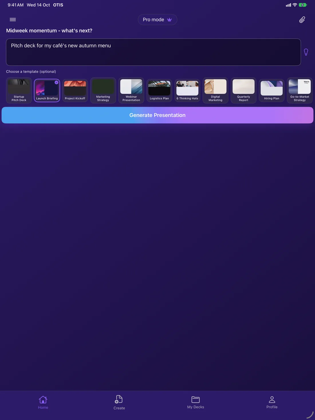 Otis home screen with a prompt for a café pitch deck and template choices