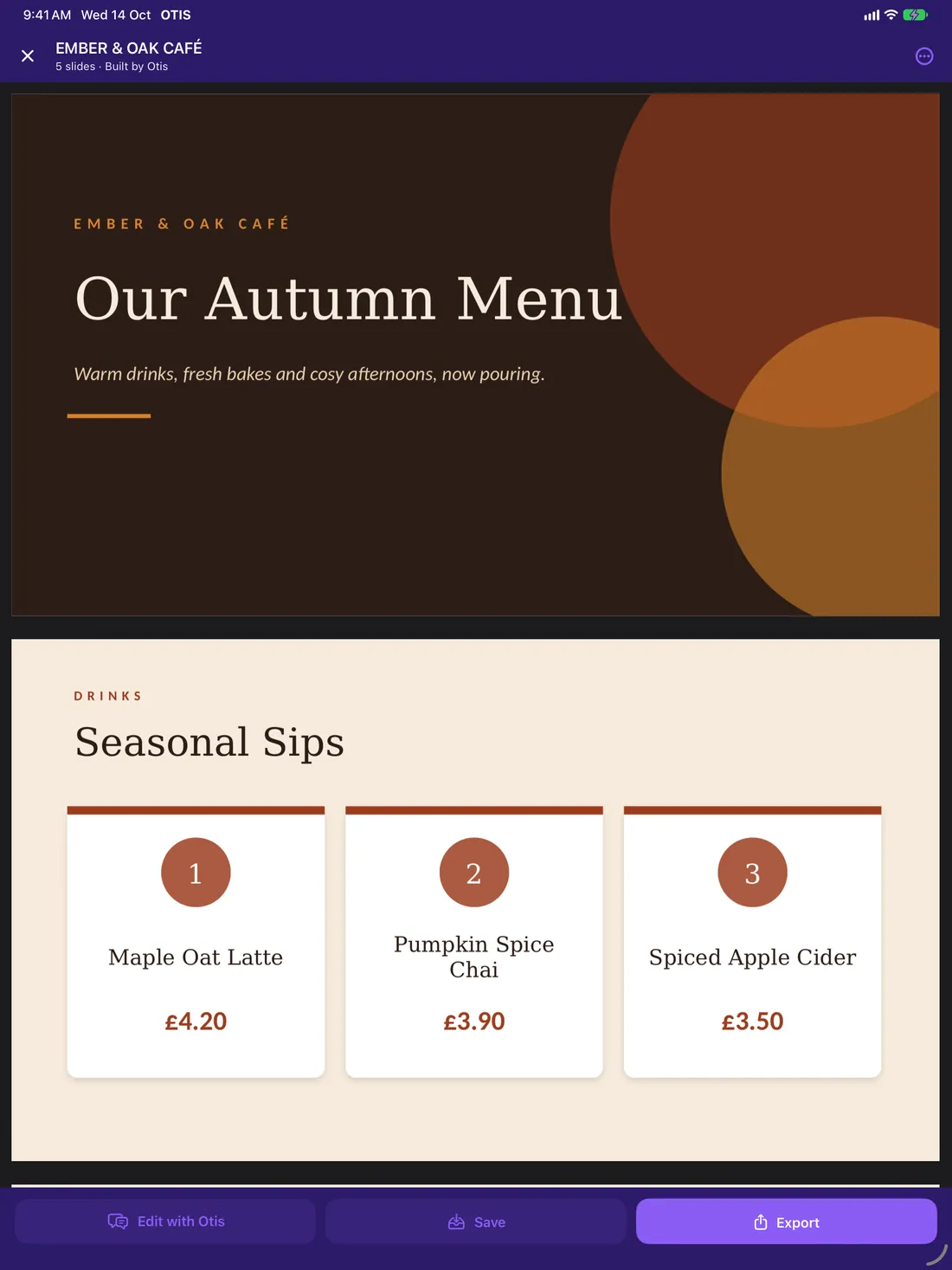 Finished Ember & Oak Café autumn menu deck in the Otis preview