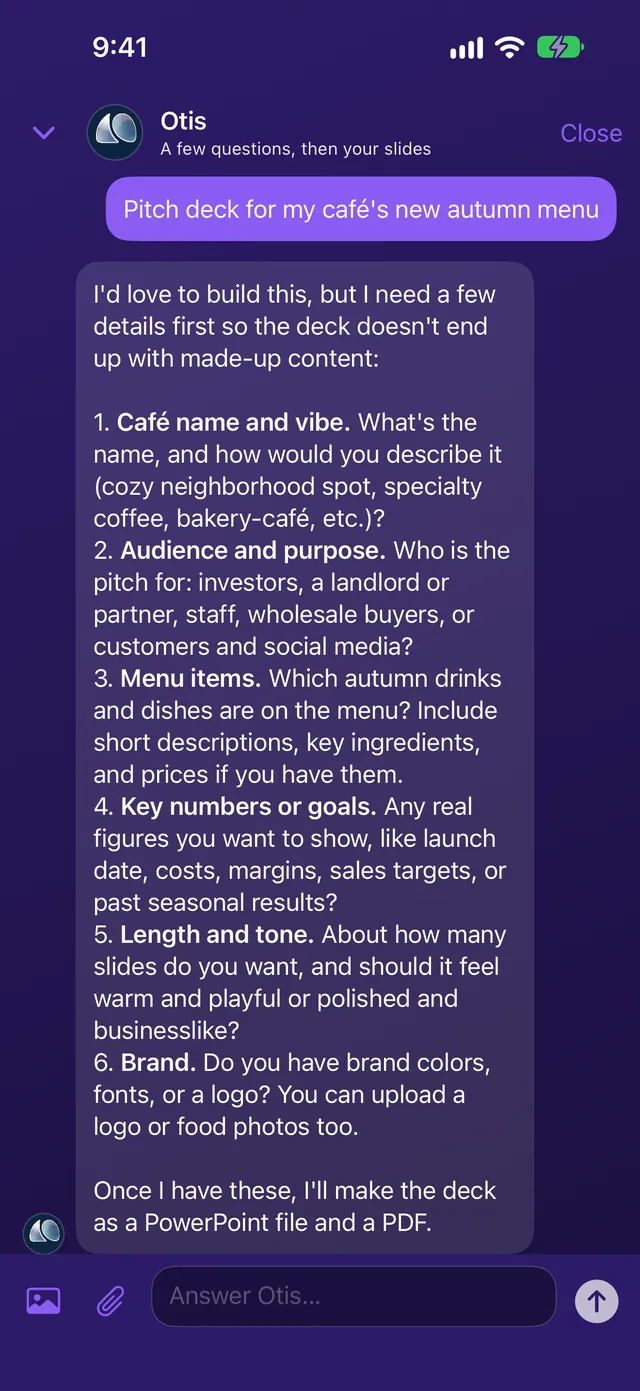Otis asking about the audience, menu, tone, and length before designing