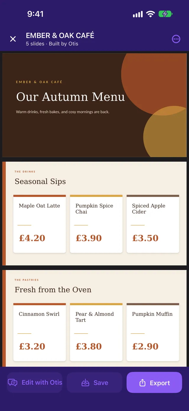A finished Otis deck with a cover slide and menu cards