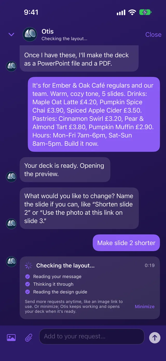 Asking Otis to shorten a slide in the chat