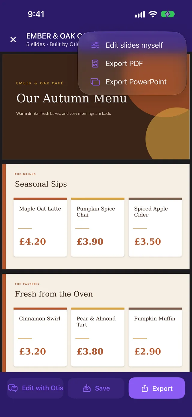 Export menu with PDF and PowerPoint options